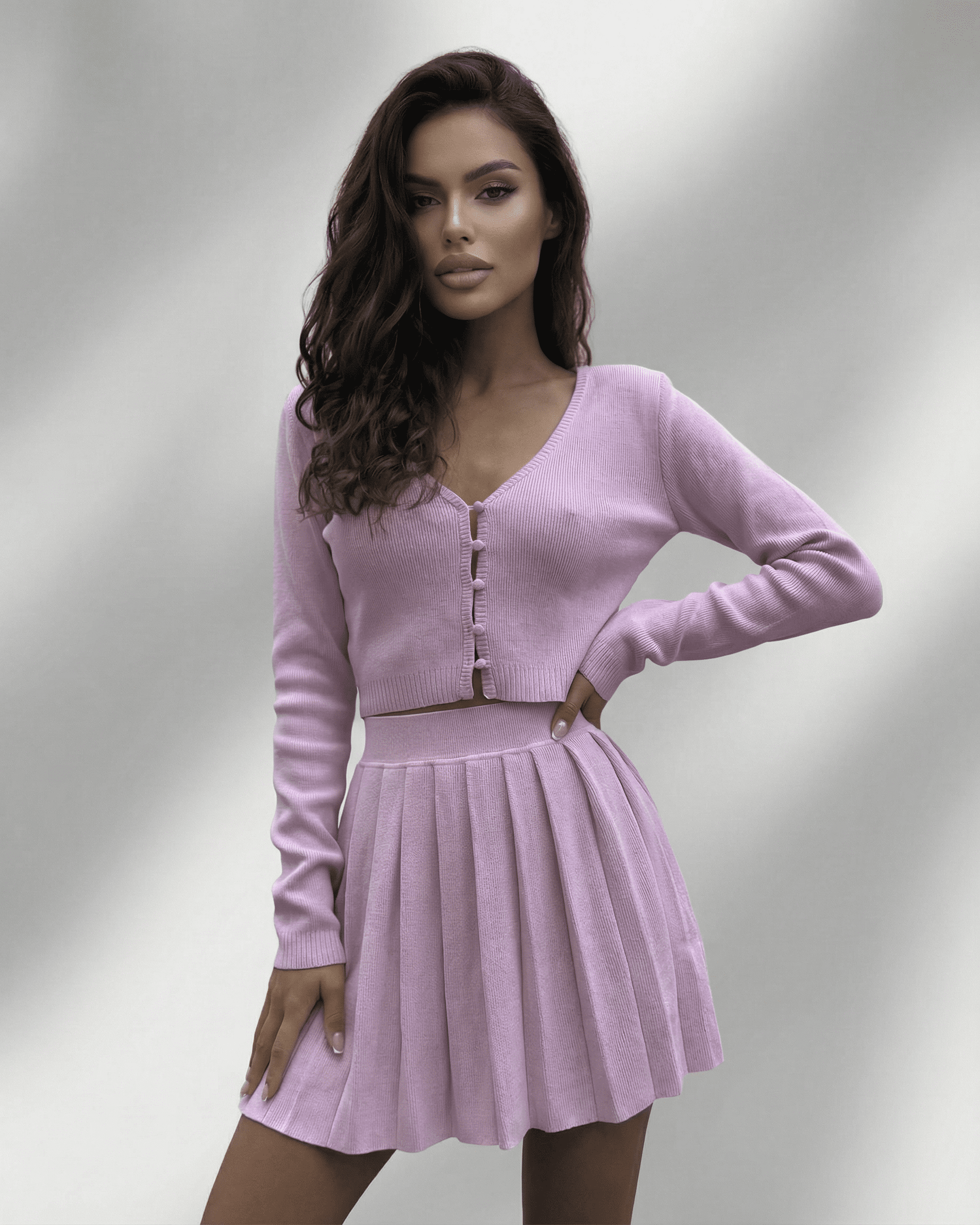 Lyra Two-Piece Set by Lauven featuring a soft knit cardigan and pleated mini skirt in pastel purple.