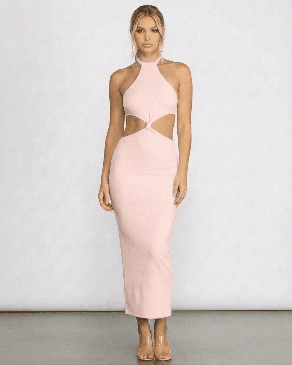 Lyssa Midi Dress by Lauven featuring a soft pink halter neck bodycon style with cut out details.