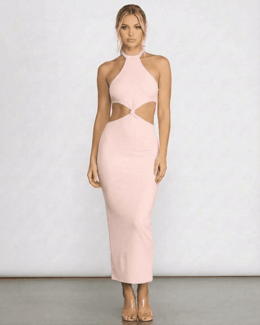 Lyssa Midi Dress by Lauven featuring a soft pink halter neck bodycon style with cut out details.