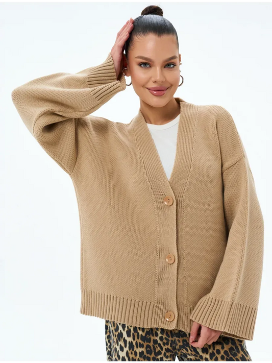 Maple Cardigan by Lauven - Warm oversized knitwear with button closure in neutral beige.