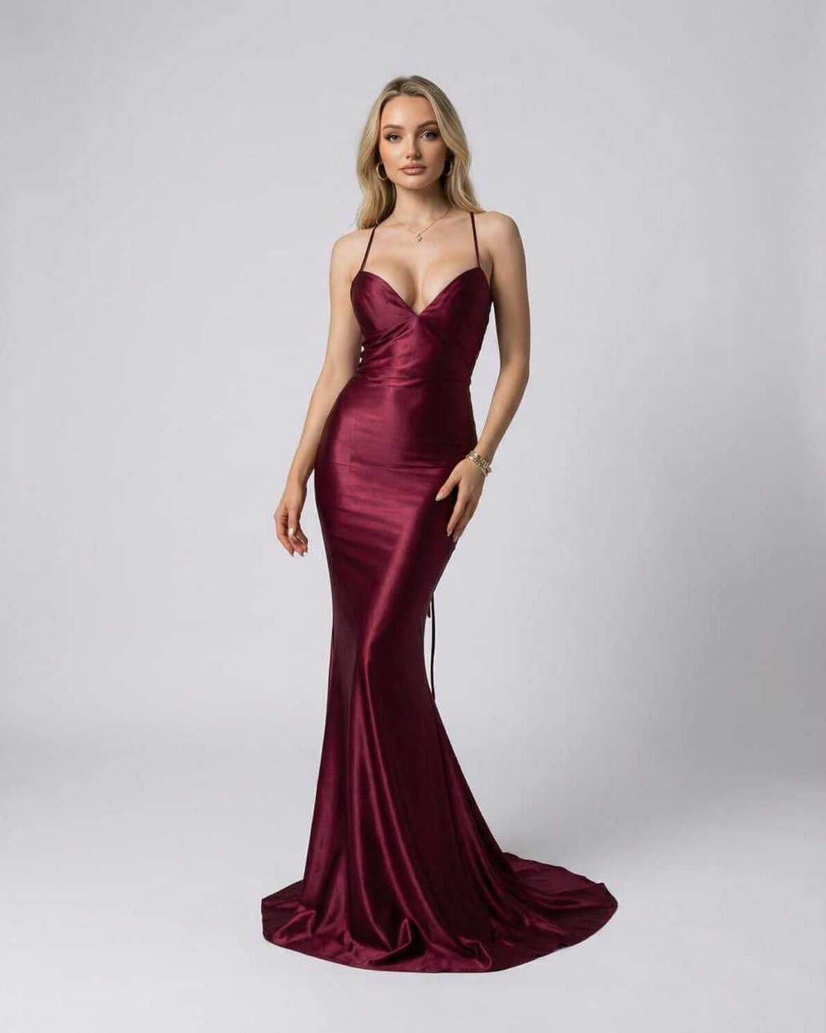 Marcelline Maxi Dress by Lauven - Luxurious burgundy satin evening gown with spaghetti straps and deep V-neckline.
