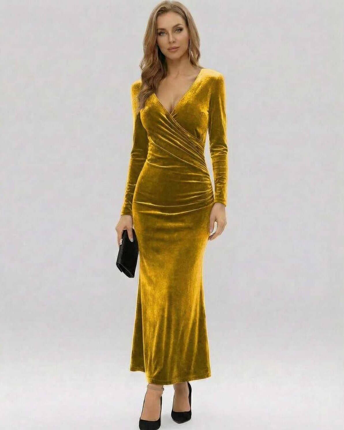 Marigold Maxi Dress by Lauven in vibrant yellow velvet, showcasing a flattering V-neckline and elegant slim-fit silhouette.