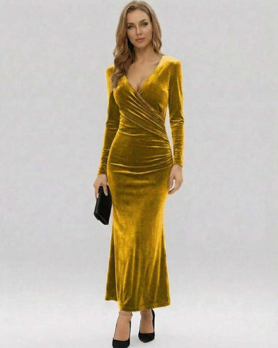 Marigold Maxi Dress by Lauven in vibrant yellow velvet, showcasing a flattering V-neckline and elegant slim-fit silhouette.