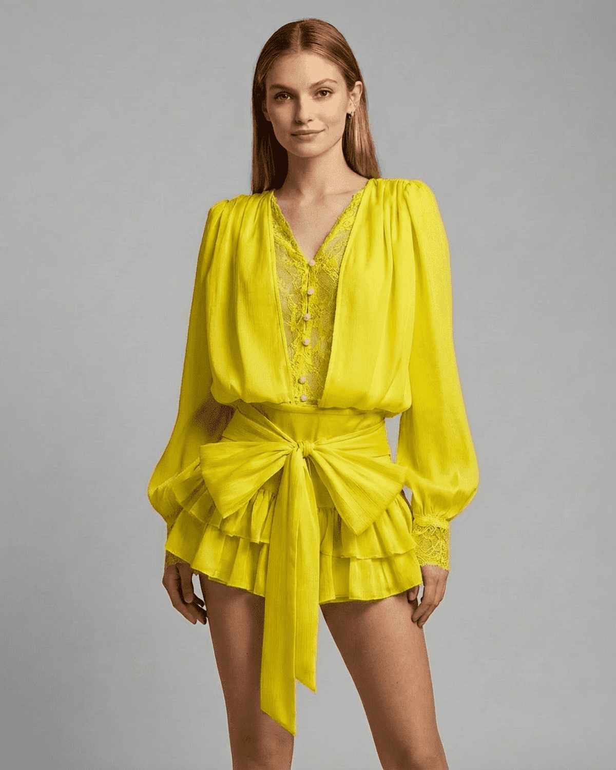 Lauven Marigold Mini Dress featuring lace detail, V-neck, and tiered silhouette in vibrant yellow.
