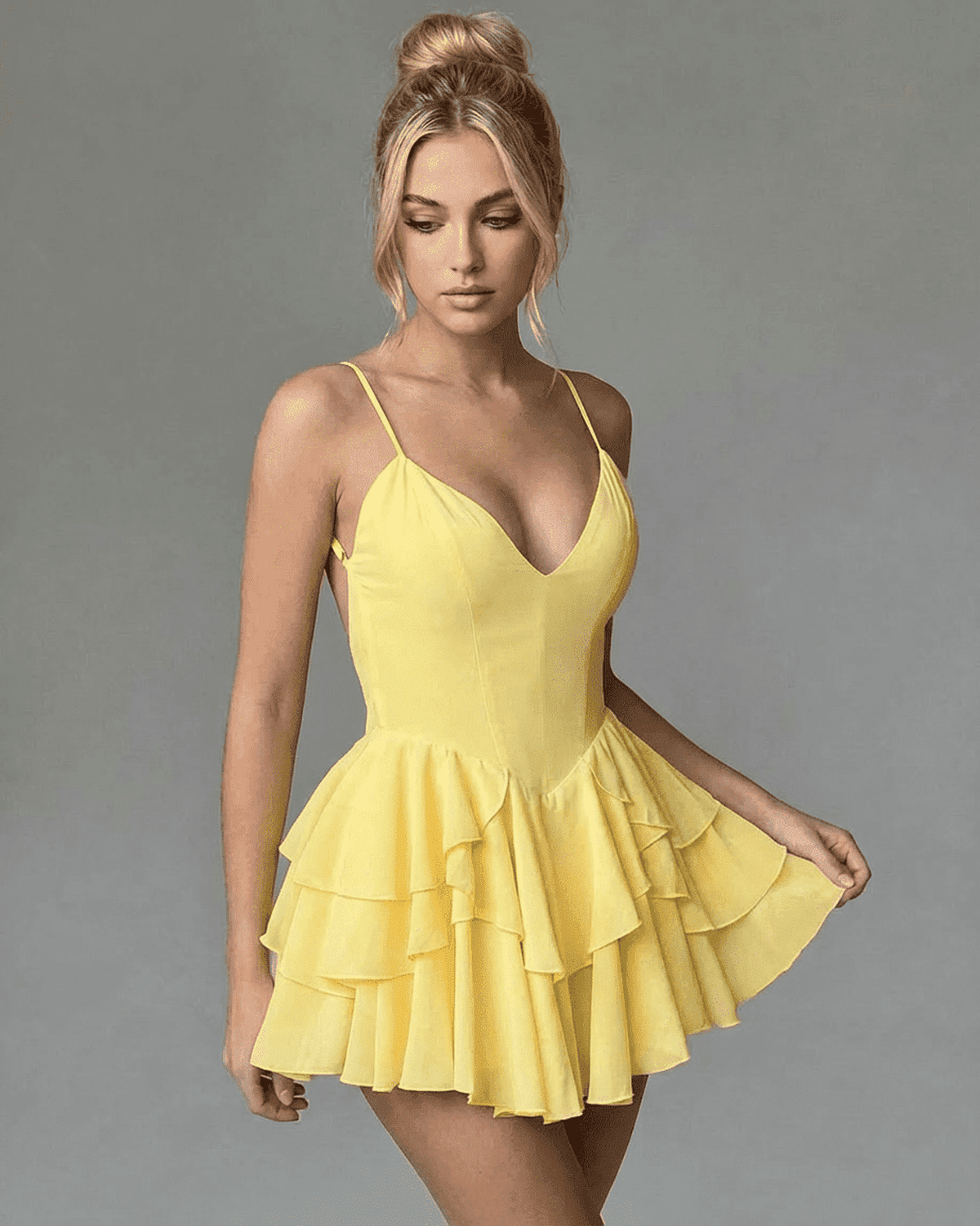 Marigold Mini Dress by Lauven featuring a V-neck and tiered ruffle skirt in vibrant yellow polyester.
