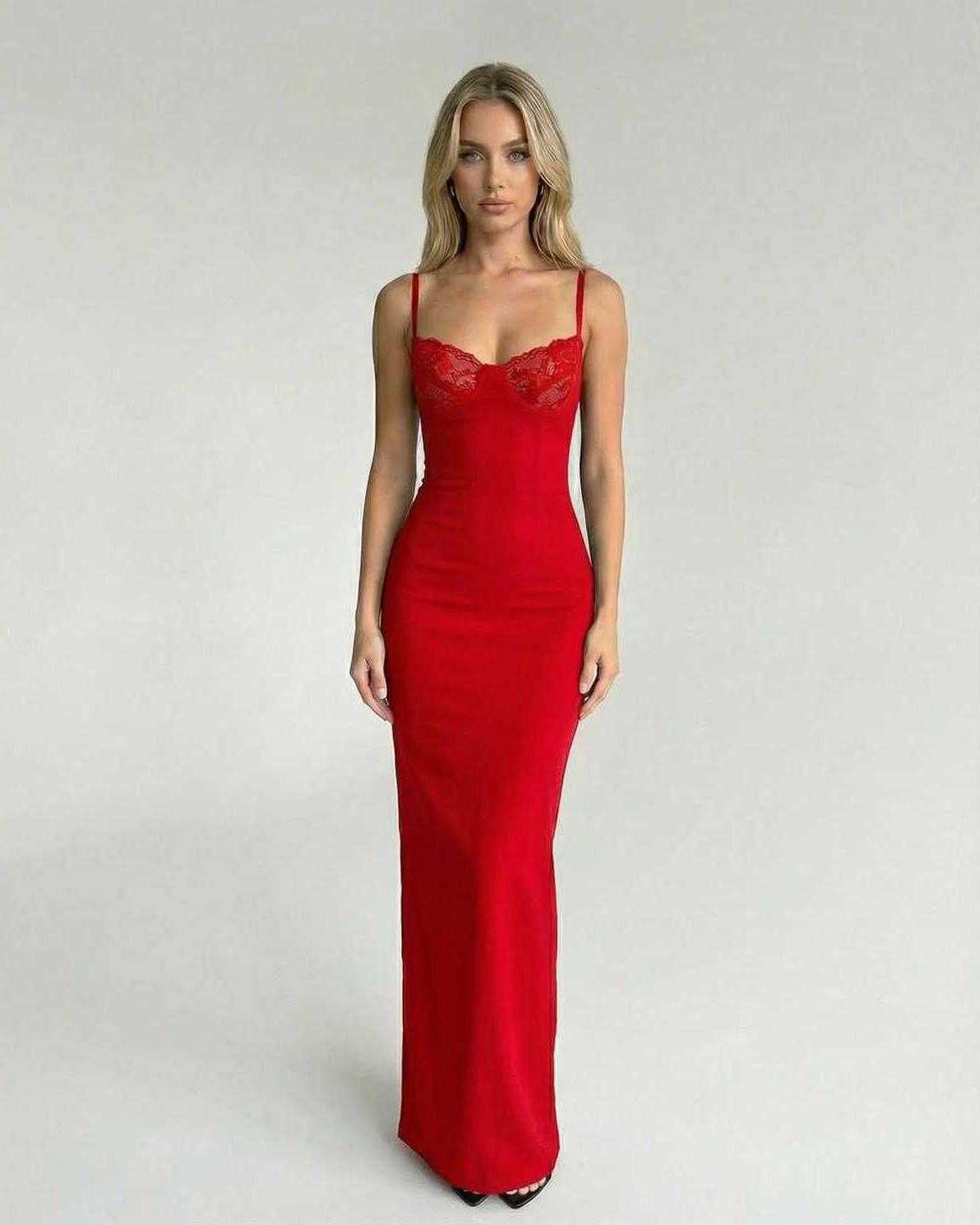 Marina Maxi Dress by Lauven, elegant red lace bodice dress featuring adjustable straps and a flattering silhouette.