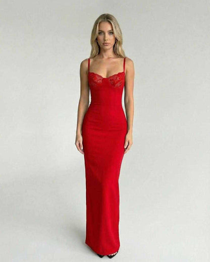Marina Maxi Dress by Lauven, elegant red lace bodice dress featuring adjustable straps and a flattering silhouette.