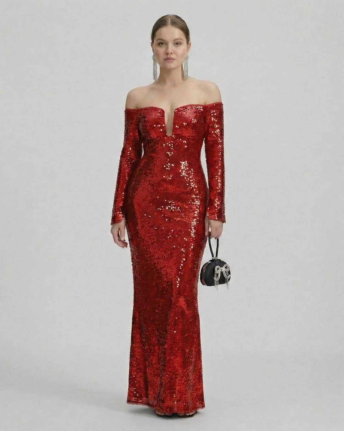 Marina Maxi Dress by Lauven - Luxurious red sequined off-shoulder evening gown, featuring a deep V neckline.