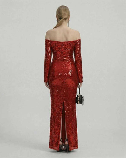 Marina Maxi Dress by Lauven in red sequined fabric, showcasing an elegant off-shoulder design and fitted silhouette.