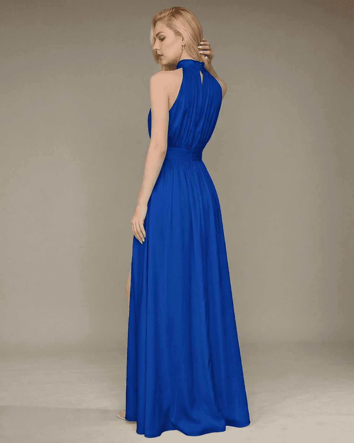 Marina Maxi Dress by Lauven, sleeveless turtleneck design in elegant blue, showcasing high waist and side slit.