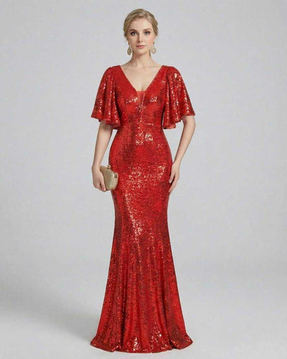 Marina Maxi Dress by Lauven, vibrant red sequin gown featuring a trumpet silhouette, perfect for elegant occasions.