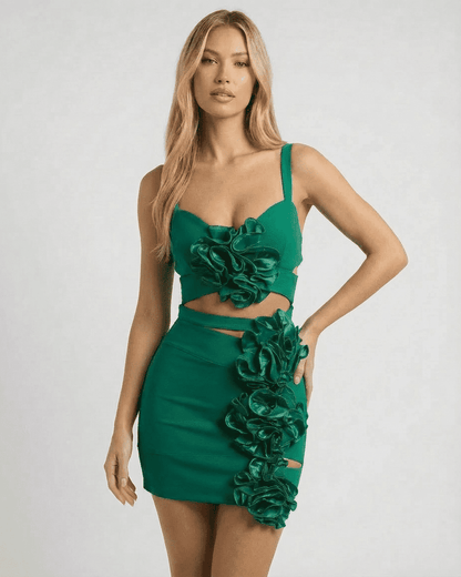 Marina Mini Dress by Lauven, emerald green cutout floral bandage dress with 3D flower details.