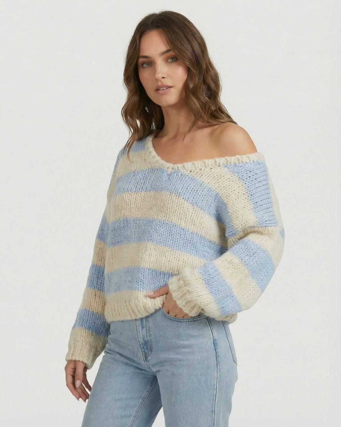 Marina Pullover by Lauven - Striped V-Neck Knit in blue and ivory tones, featuring a relaxed silhouette.