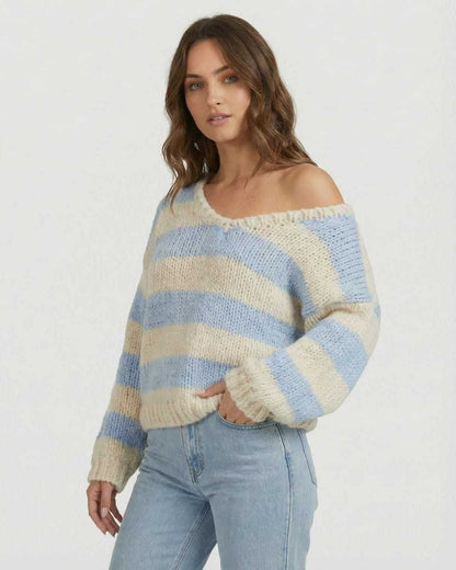 Marina Pullover by Lauven - Striped V-Neck Knit in blue and ivory tones, featuring a relaxed silhouette.