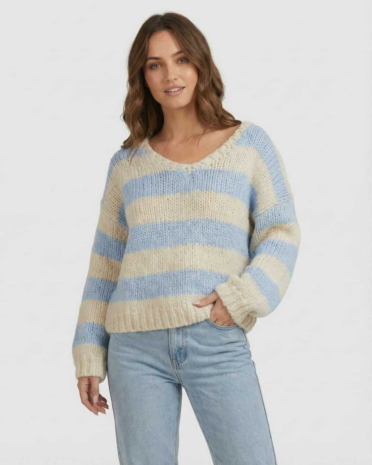 Marina Pullover by Lauven - Light blue and ivory striped V-neck knit sweater with a relaxed fit.