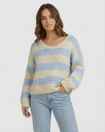 Marina Pullover by Lauven - Light blue and ivory striped V-neck knit sweater with a relaxed fit.