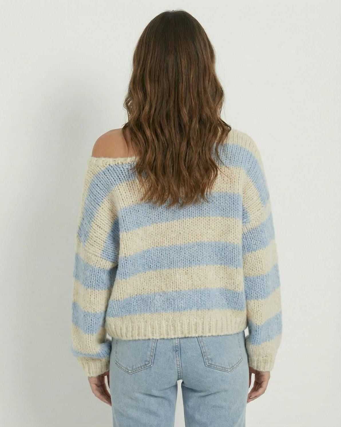Marina Pullover by Lauven - Striped V-Neck Knit Sweater in Light Blue and Ivory, Relaxed Fit