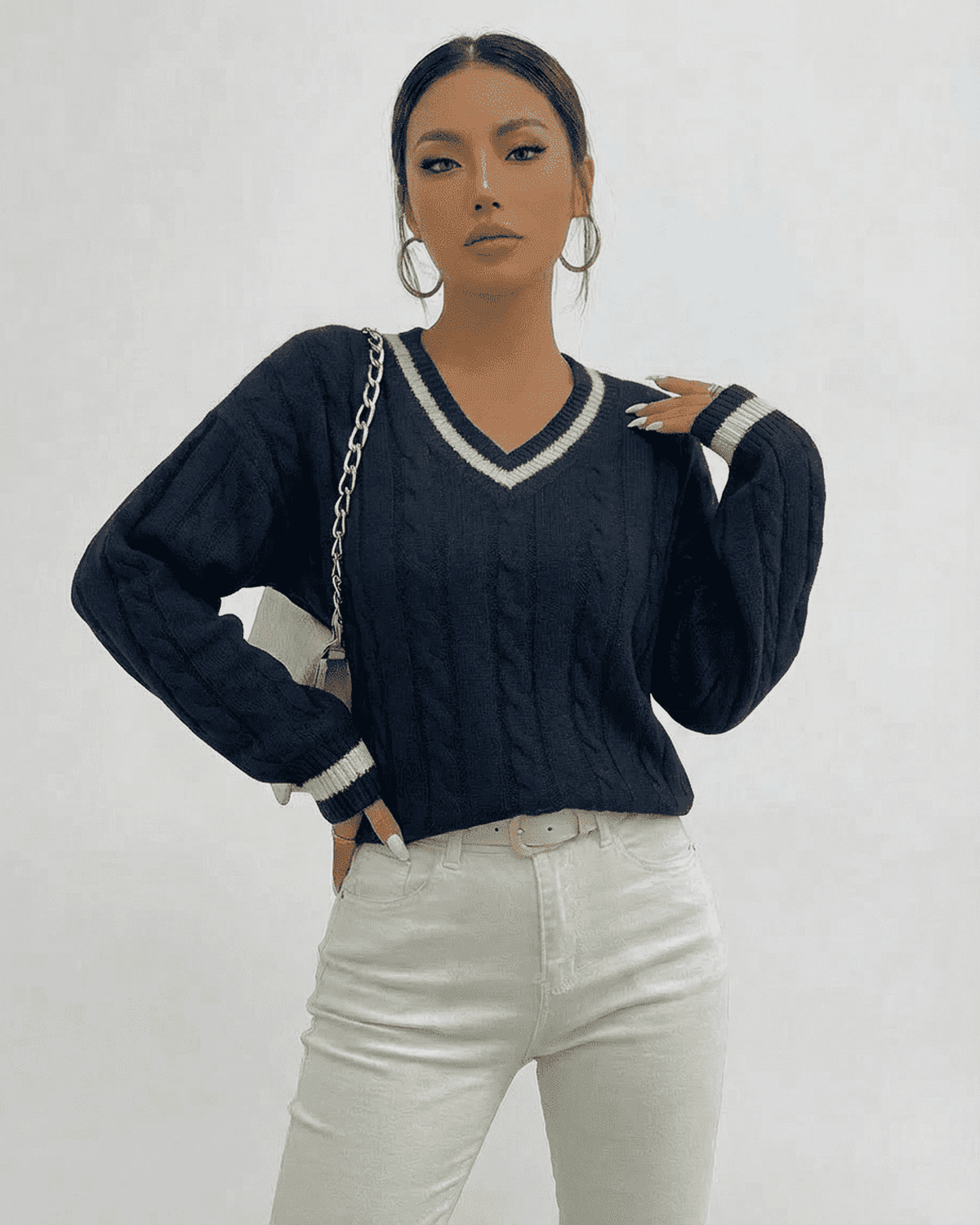 Marina Sweater by Lauven, navy blue cable knit V-neck pullover, stylish women’s outfit for everyday wear.