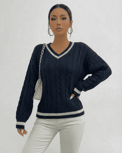 Marina Sweater by Lauven, a cable knit V-neck pullover with refined design and soft acrylic fabric.