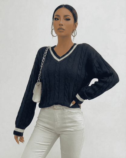 Marina Sweater by Lauven in cable knit, V-neck design, perfect for stylish everyday wear.