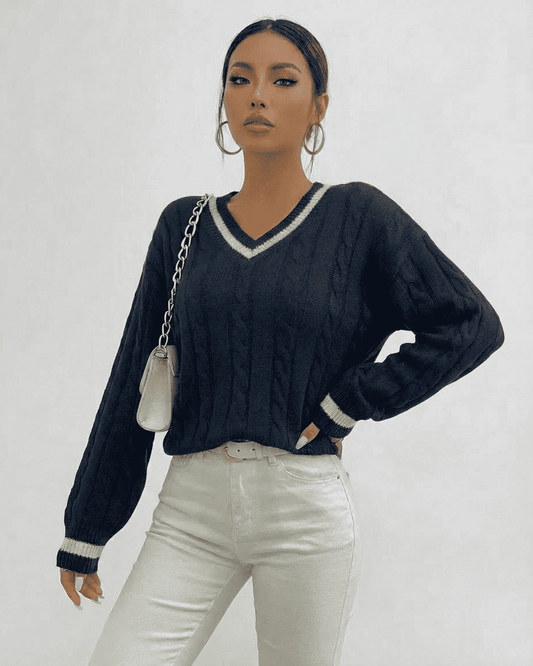 Marina Sweater by Lauven in cable knit, V-neck design, perfect for stylish everyday wear.