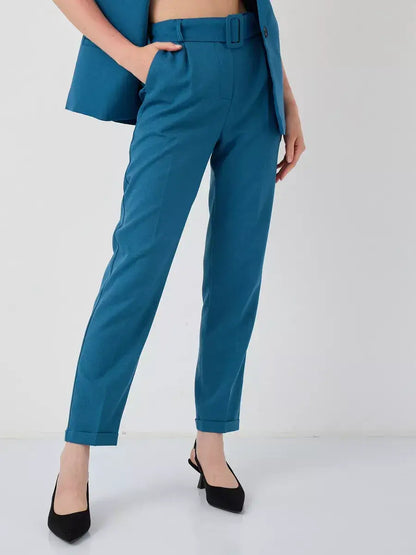 Marine Suit Set by Lauven, showcasing stylish sleeveless teal vest and high-waist pants for women.