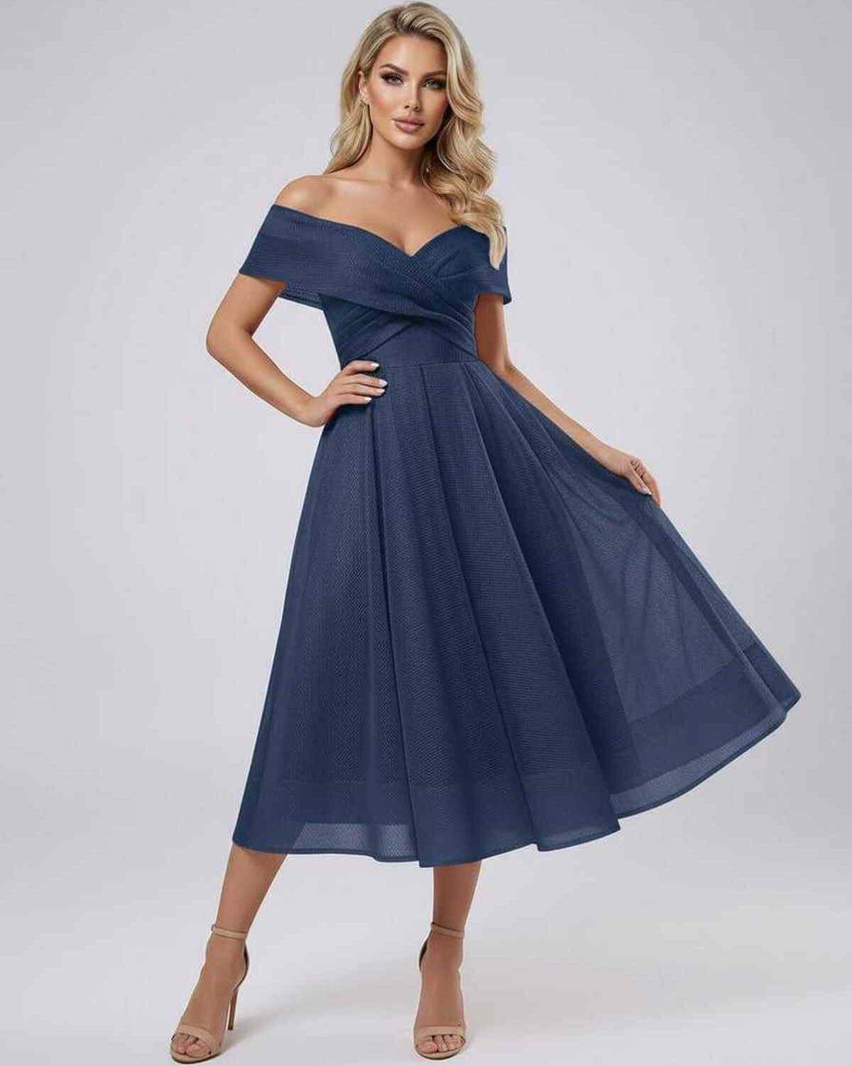 Maris Midi Dress by Lauven - Elegant off shoulder navy evening dress with flowing pleated skirt.