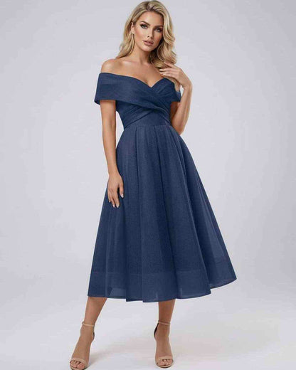 Maris Midi Dress by Lauven – Elegant off shoulder evening dress in navy with sweetheart neckline