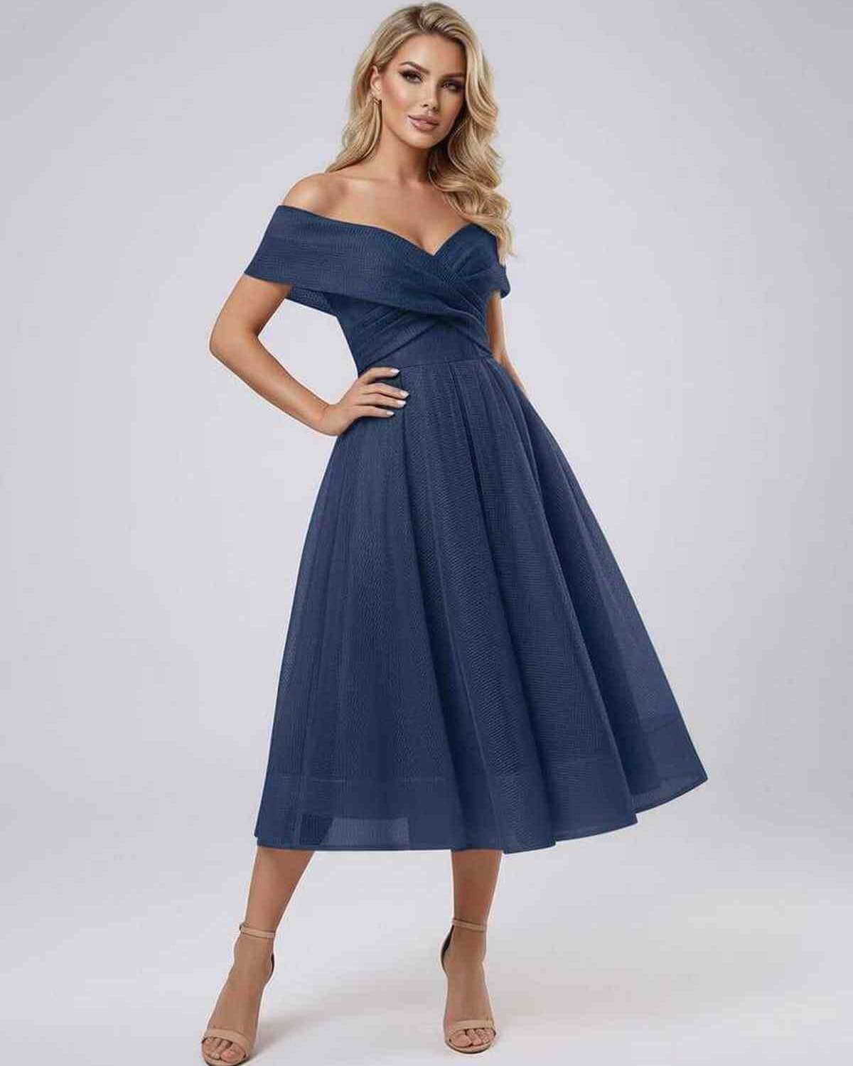 Maris Midi Dress by Lauven - Elegant off shoulder navy evening dress with sweetheart neckline and pleated skirt.