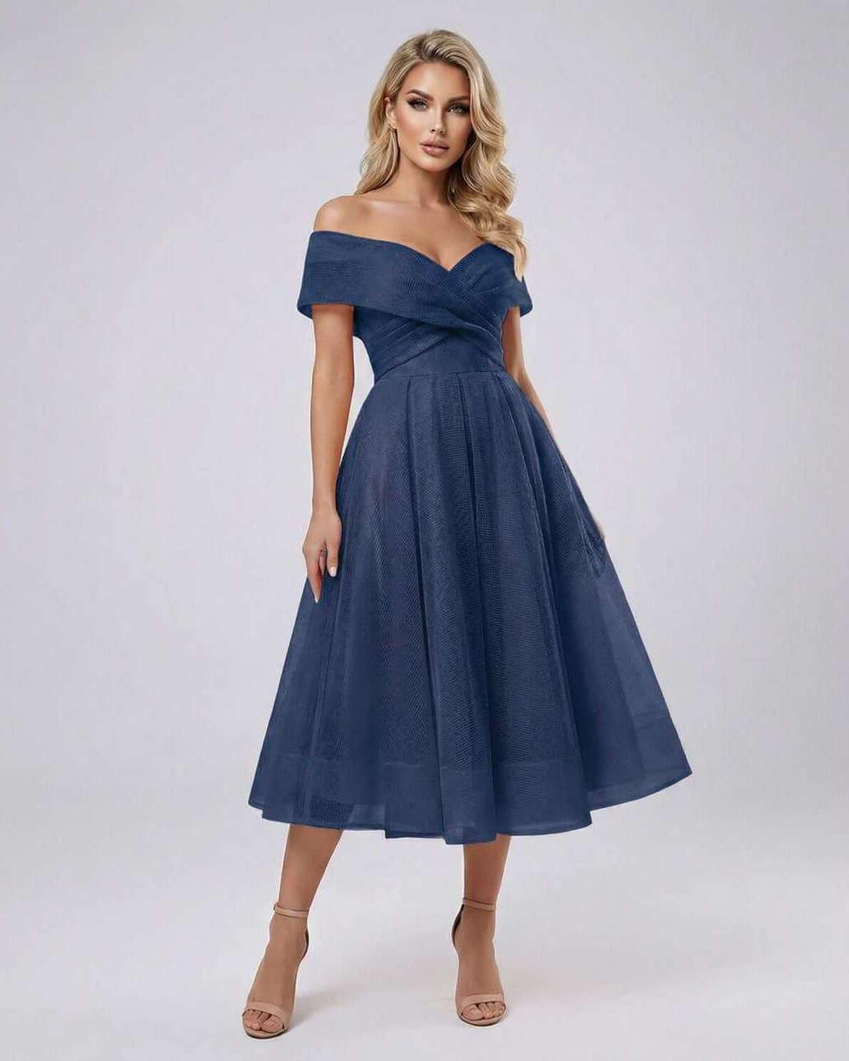 Maris Midi Dress by Lauven - Elegant off shoulder evening dress in navy with sweetheart neckline.
