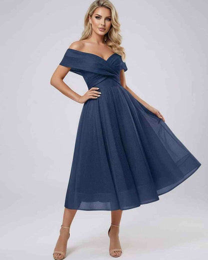 Maris Midi Dress - Elegant off shoulder navy evening dress by Lauven, featuring a sweetheart neckline and pleated skirt.