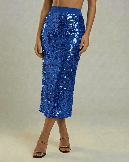 Marisol Midi Skirt by Lauven – Sequin high waist bodycon midi skirt in rich blue, perfect for elegant evening styling.