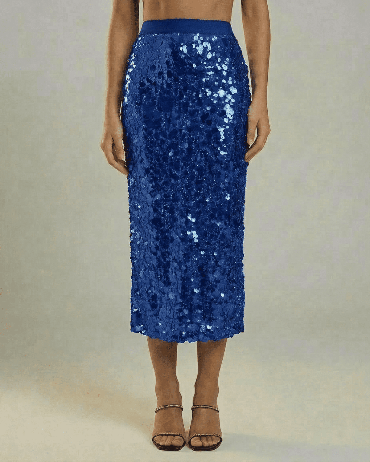 Marisol Midi Skirt by Lauven, sequin high waist bodycon midi skirt in rich blue, perfect for elegant evening styling.