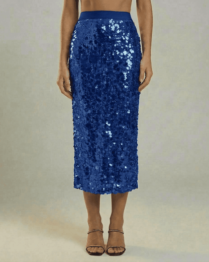 Marisol Midi Skirt by Lauven, sequin high waist bodycon midi skirt in rich blue, perfect for elegant evening styling.