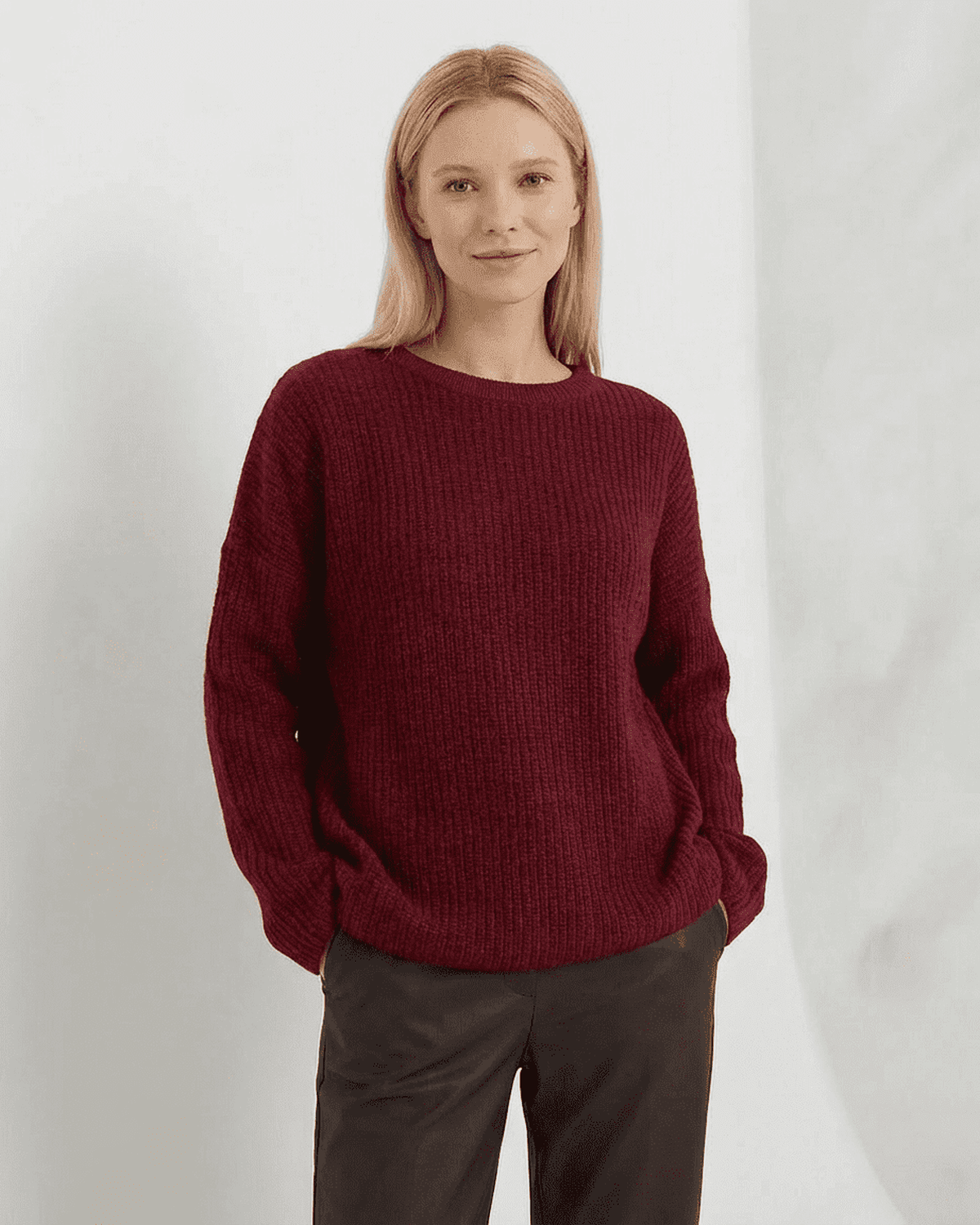 Marlo Sweater by Lauven in burgundy, featuring a loose fit, ribbed knit design, and round neck, perfect for cozy fall wear.