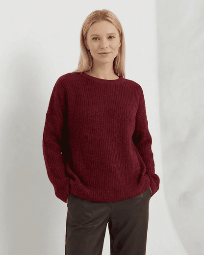 Marlo Sweater by Lauven in burgundy, featuring a loose fit, ribbed knit design, and round neck, perfect for cozy fall wear.