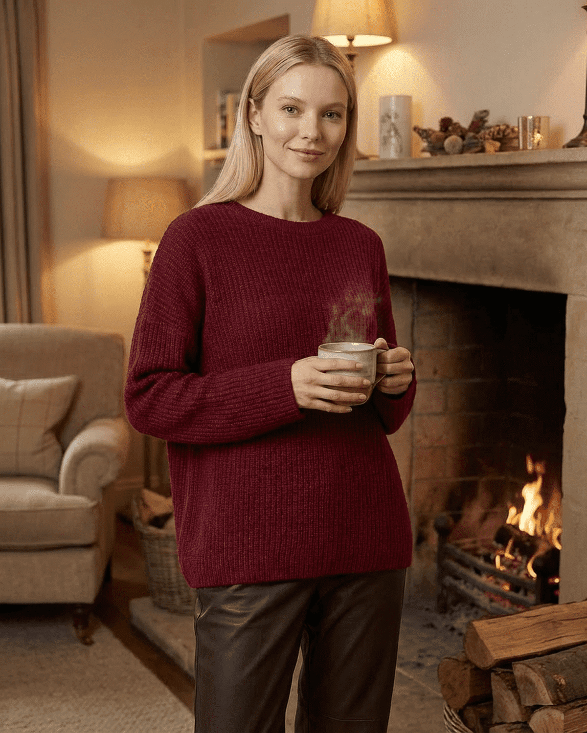 Marlo Sweater by Lauven - Cozy loose fit ribbed knitwear in burgundy, perfect for fall and winter fashion.