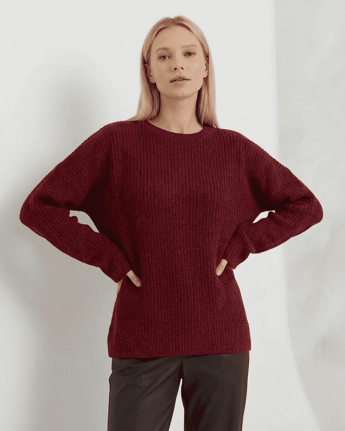 Marlo Sweater by Lauven - Loose fit ribbed knitwear in burgundy color, perfect for cozy fall and winter wear.