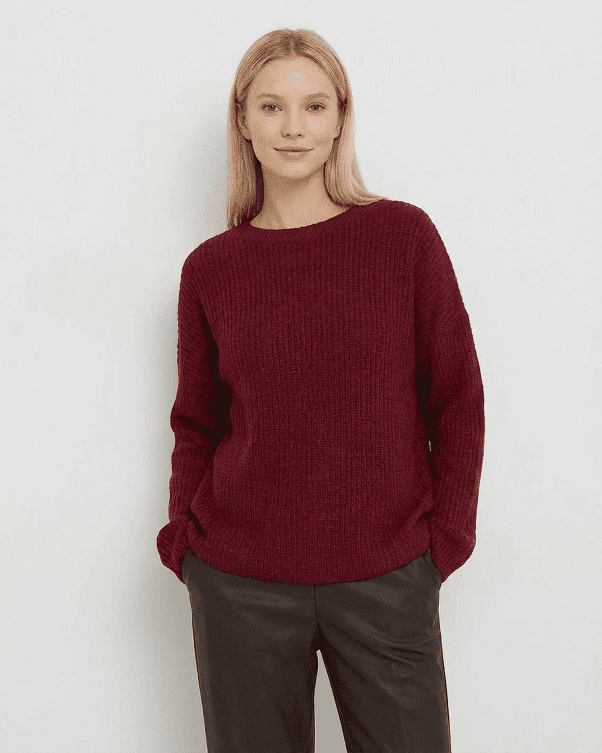 Marlo Sweater by Lauven, loose fit ribbed knitwear in burgundy for women, featuring a round neck and long sleeves.