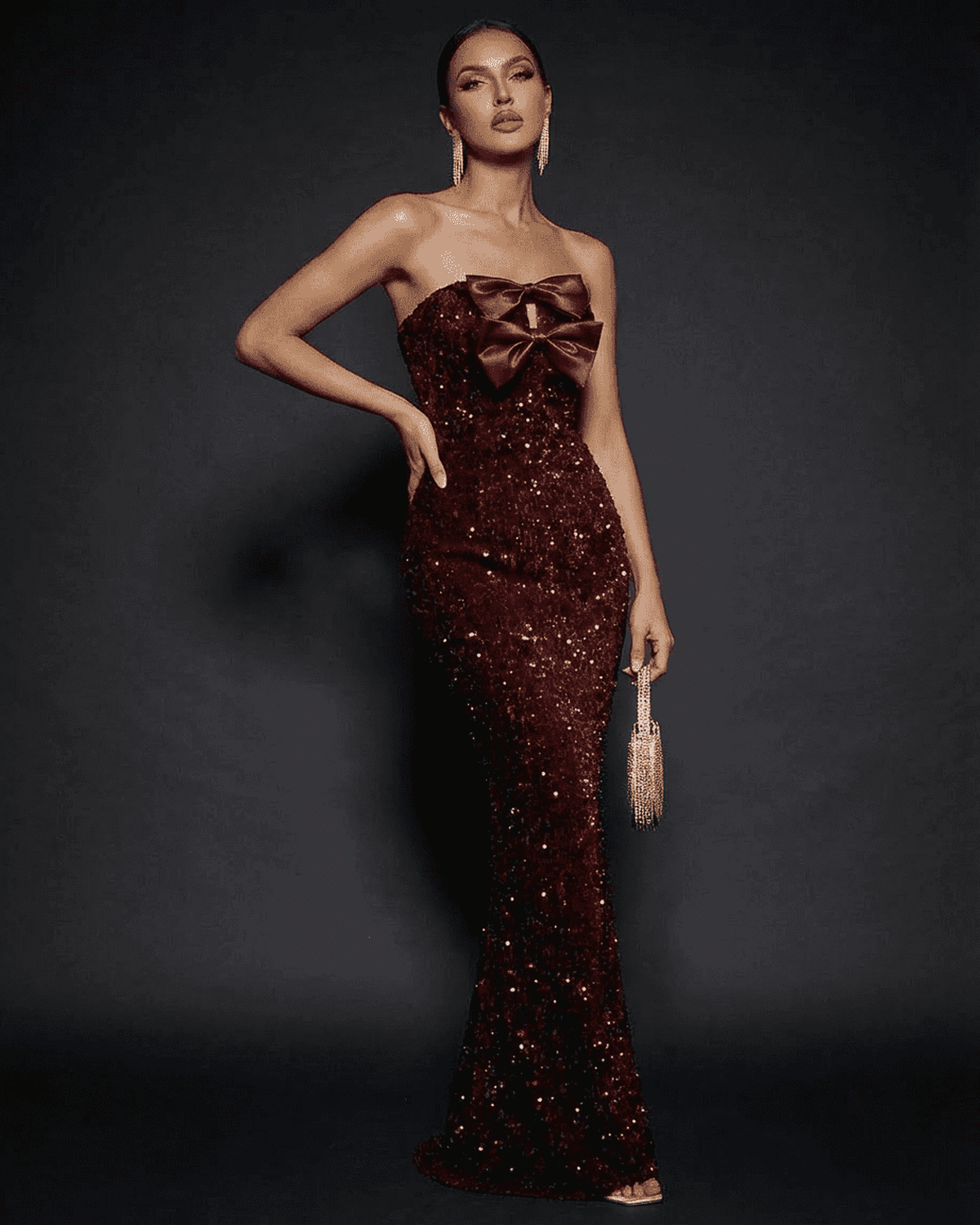 Lauven Marquise Maxi Dress, strapless sequin gown with satin bow, elegant evening look, thigh-high slit.