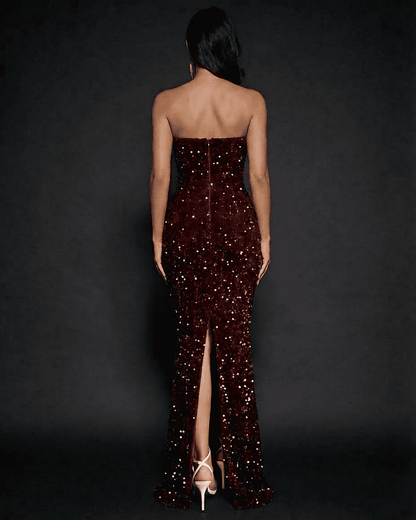 Back view of Marquise Maxi Dress by Lauven, strapless with a thigh-high slit and sequin embellishments.