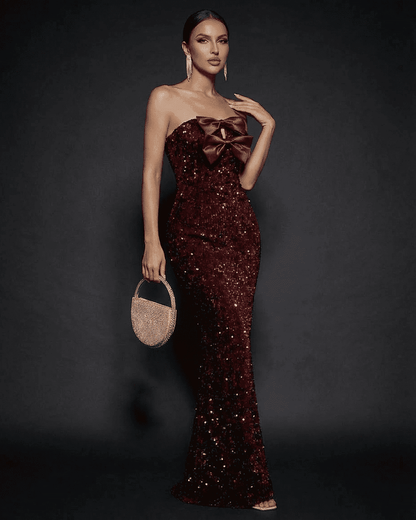 Lauven Marquise Maxi Dress - Strapless bow sequin maxi party dress with high waist and thigh-high slit.