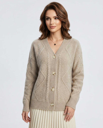Marin Cardigan by Lauven in beige, cozy knitwear with button-down front and V-neckline, perfect for layering.