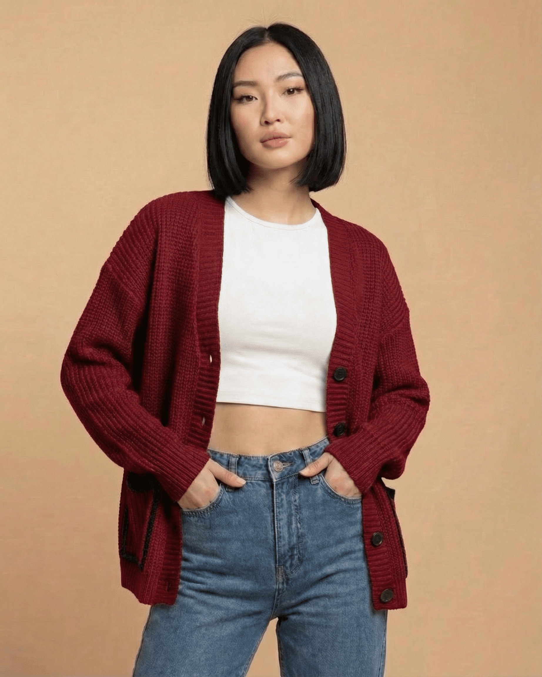 Lauven Merano Cardigan in burgundy color featuring a loose fit, V-neck, and button-front for stylish layering.