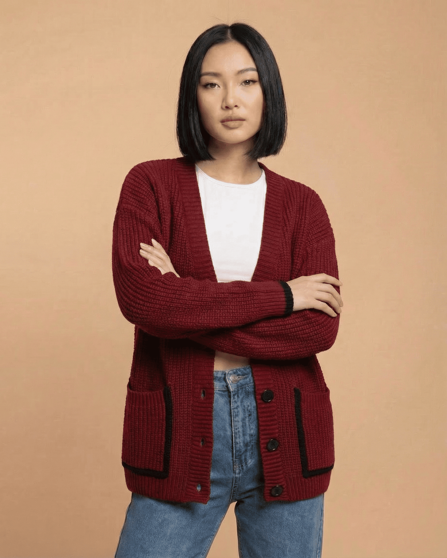 Merano Cardigan by Lauven, a loose fit V-neck color block knit sweater perfect for casual and polished looks.