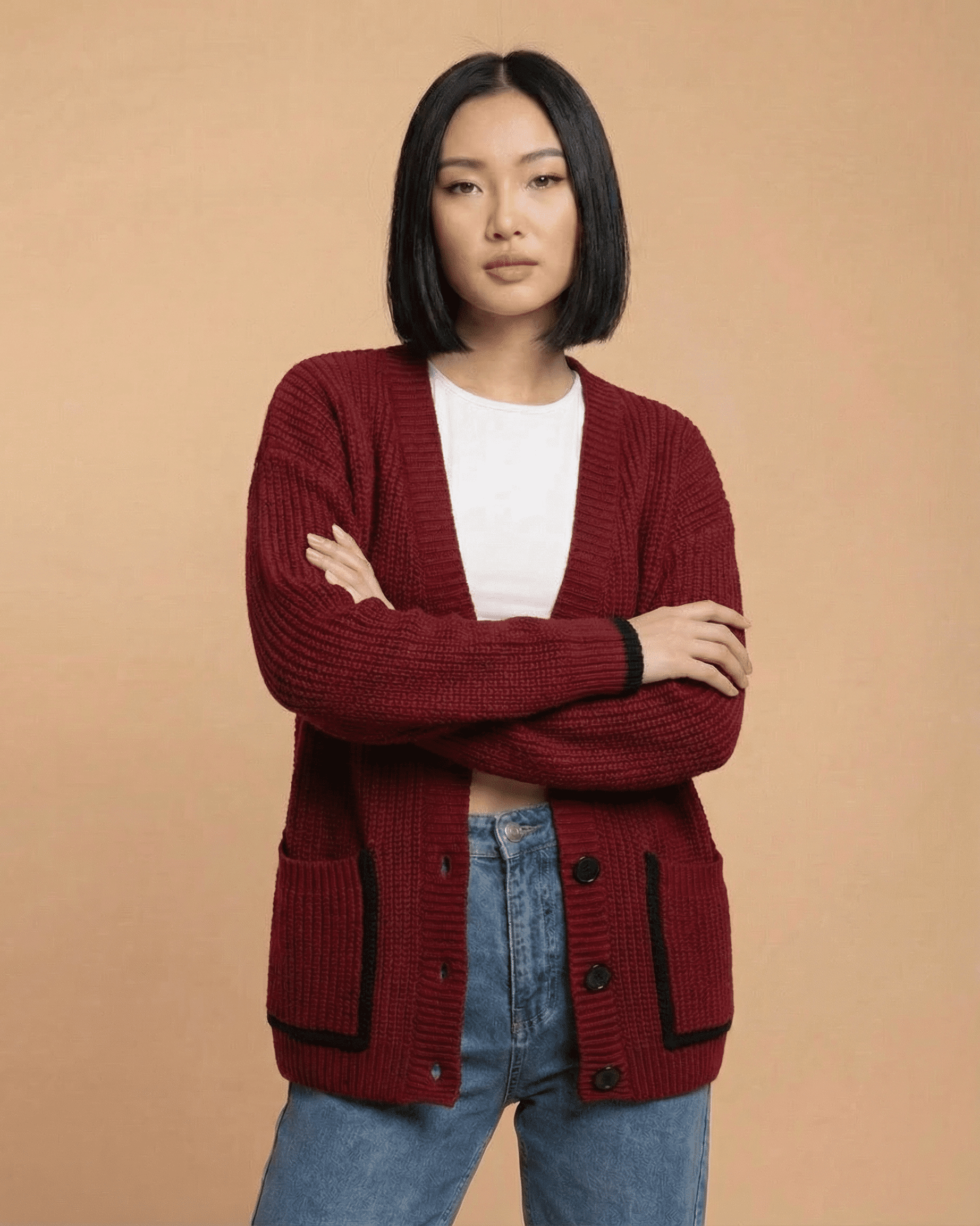 Merano Cardigan by Lauven, a loose fit V-neck color block knit sweater perfect for casual and polished looks.