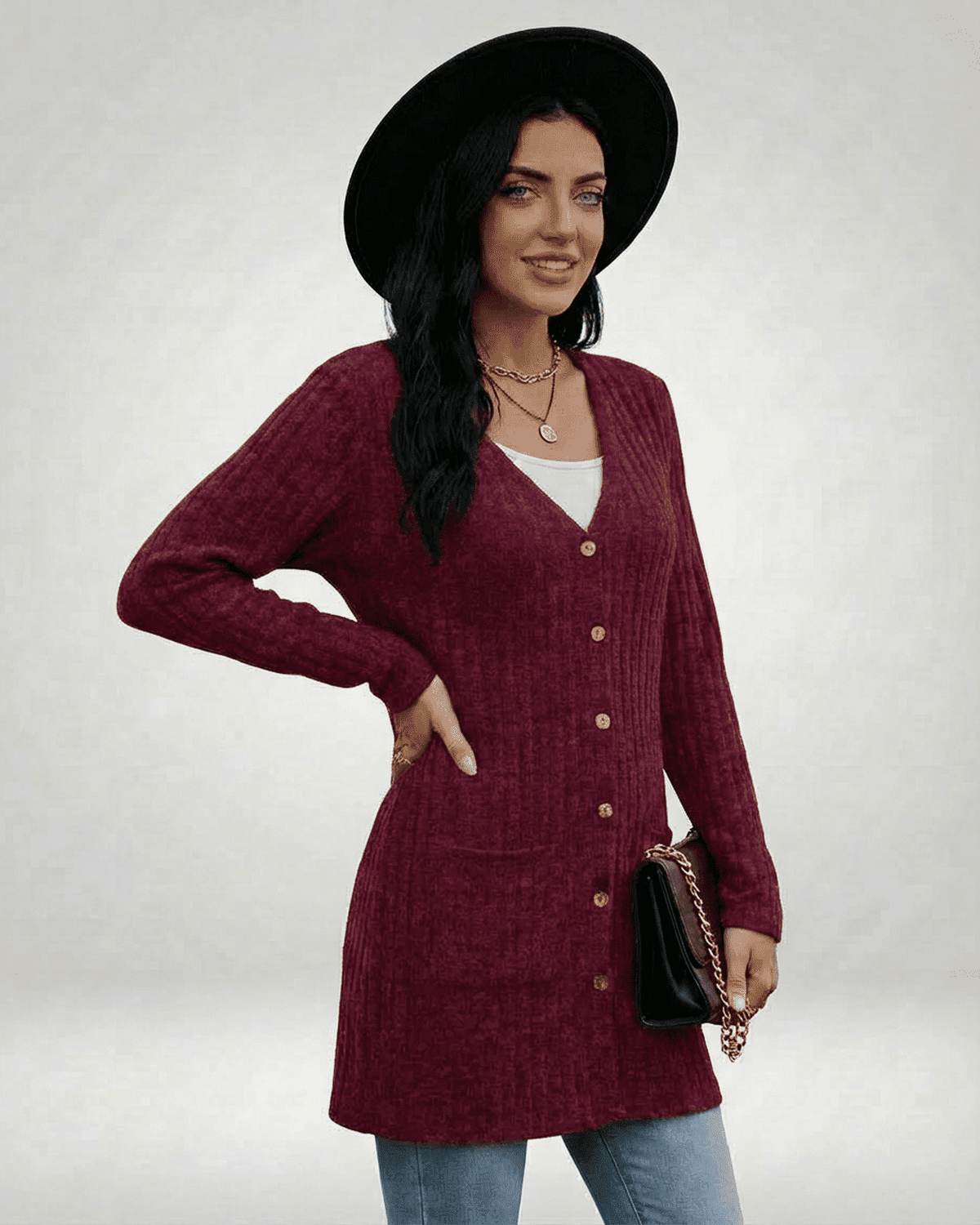 Merlot Cardigan by Lauven, a stylish longline button-front knitwear perfect for everyday wear.