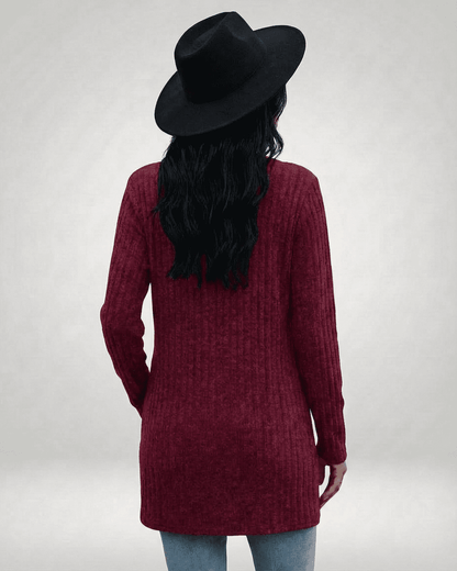 Merlot Cardigan by Lauven showcased from the back, featuring a longline design and a rich burgundy color.