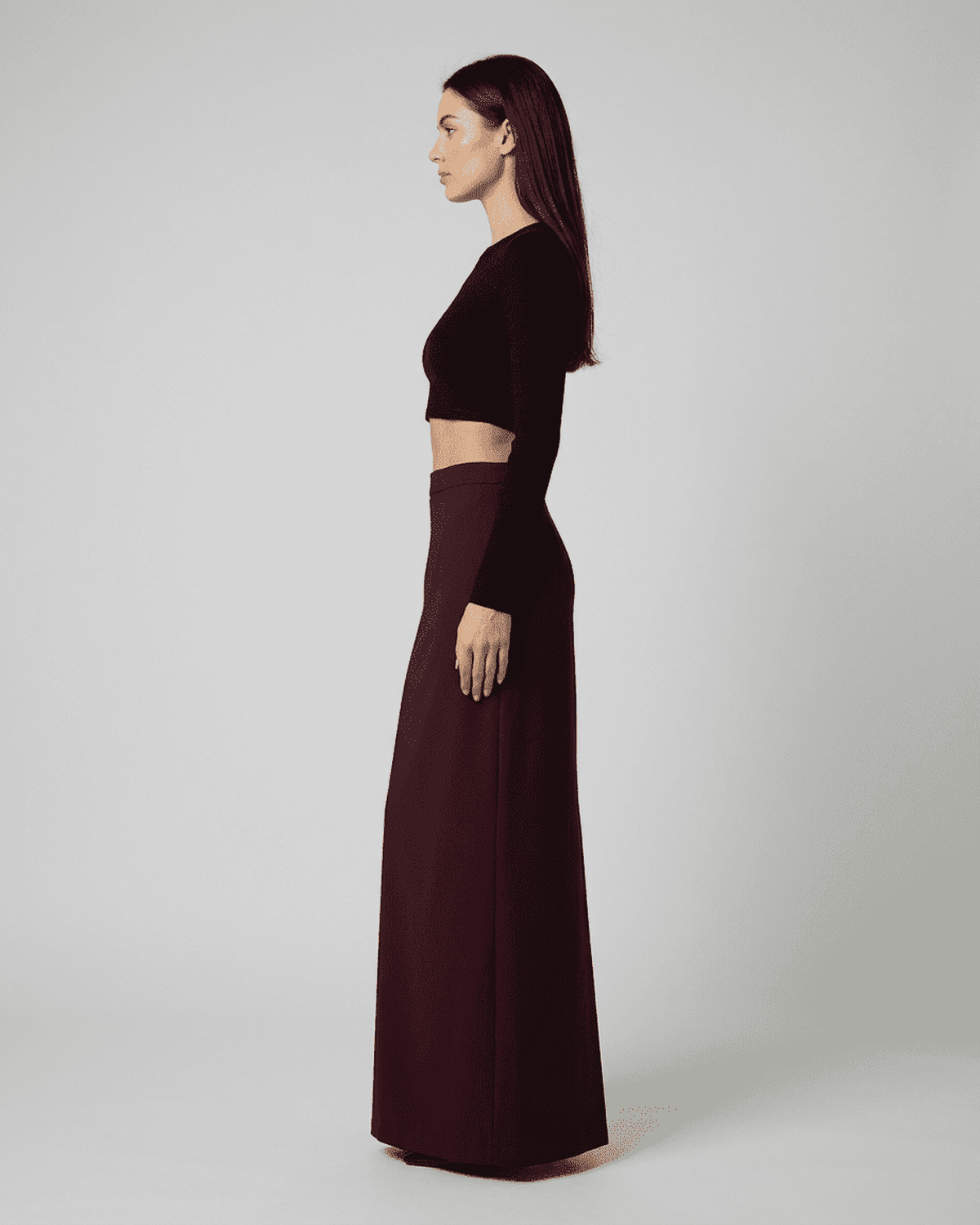 Merlot Maxi Skirt by Lauven, showcasing a high-waisted silhouette with elegant slit, epitomizing modern elegance.