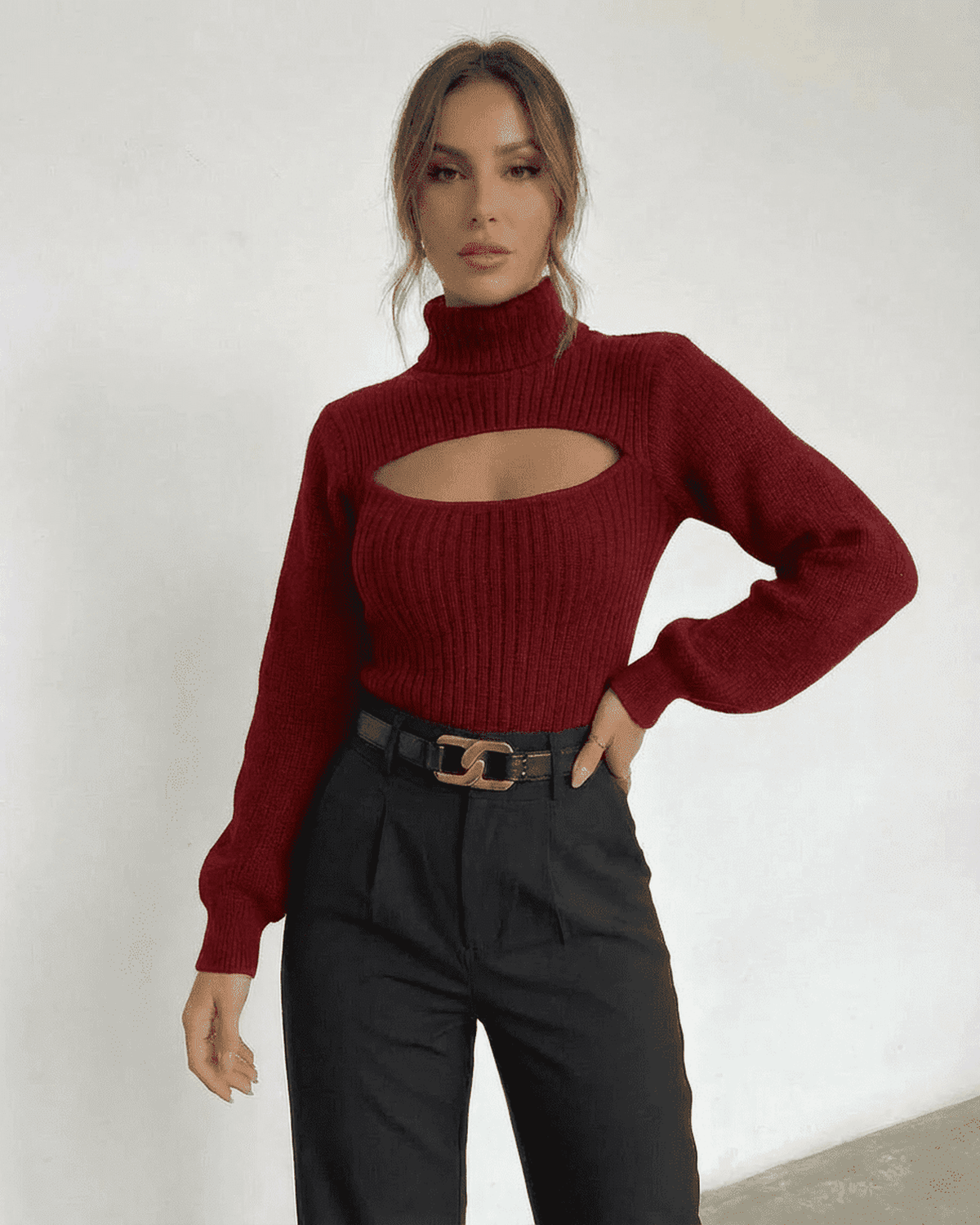 Merlot Sweater by Lauven featuring mock neck and hollow cut-out detail, ideal for fall and winter fashion.